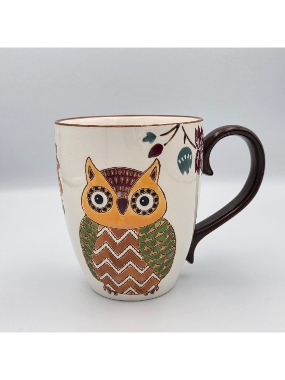 Owl-Themed Ceramic Mug Brown Handle Colorful Designs 16oz - Picture 1 of 7